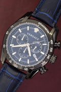 Versace V-Ray Chronograph Quartz Blue Dial Black Leather Strap Watch For Men - VEDB00418