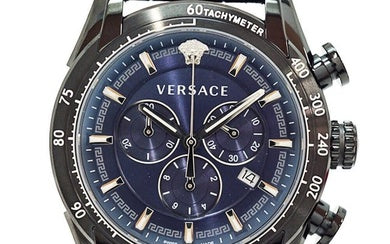 Versace V-Ray Chronograph Quartz Blue Dial Black Leather Strap Watch For Men - VEDB00418