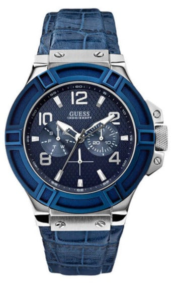 Guess Rigor Multifunction Chronograph Blue Dial Blue Leather Strap Watch For Men - W0040G7