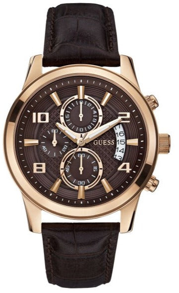 Guess Exec Chronograph Brown Dial Brown Leather Strap Watch For Men - W0076G4