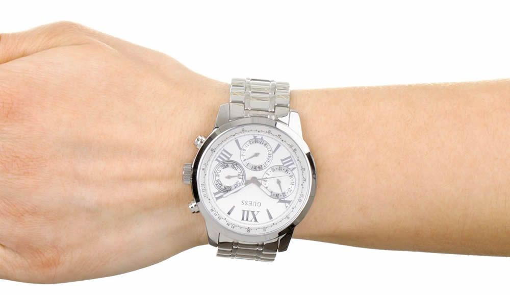 Guess Sunrise Multifunction Quartz White Dial Silver Steel Strap Watch For Women - W0330L3