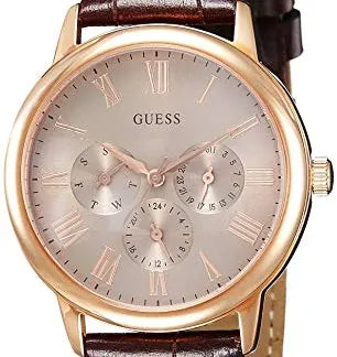 Guess Wafer Quartz Beige Dial Brown Leather Strap Watch For Men - W0496G1