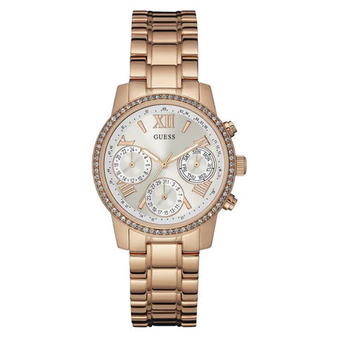 Guess Mini Surprise Analog Silver Dial Rose Gold Steel Strap Watch For Women - W0623L2