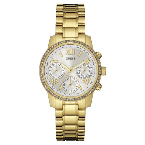 Guess Mini Sunrise Diamonds Silver Dial Gold Steel Strap Watch for Women - W0623L3