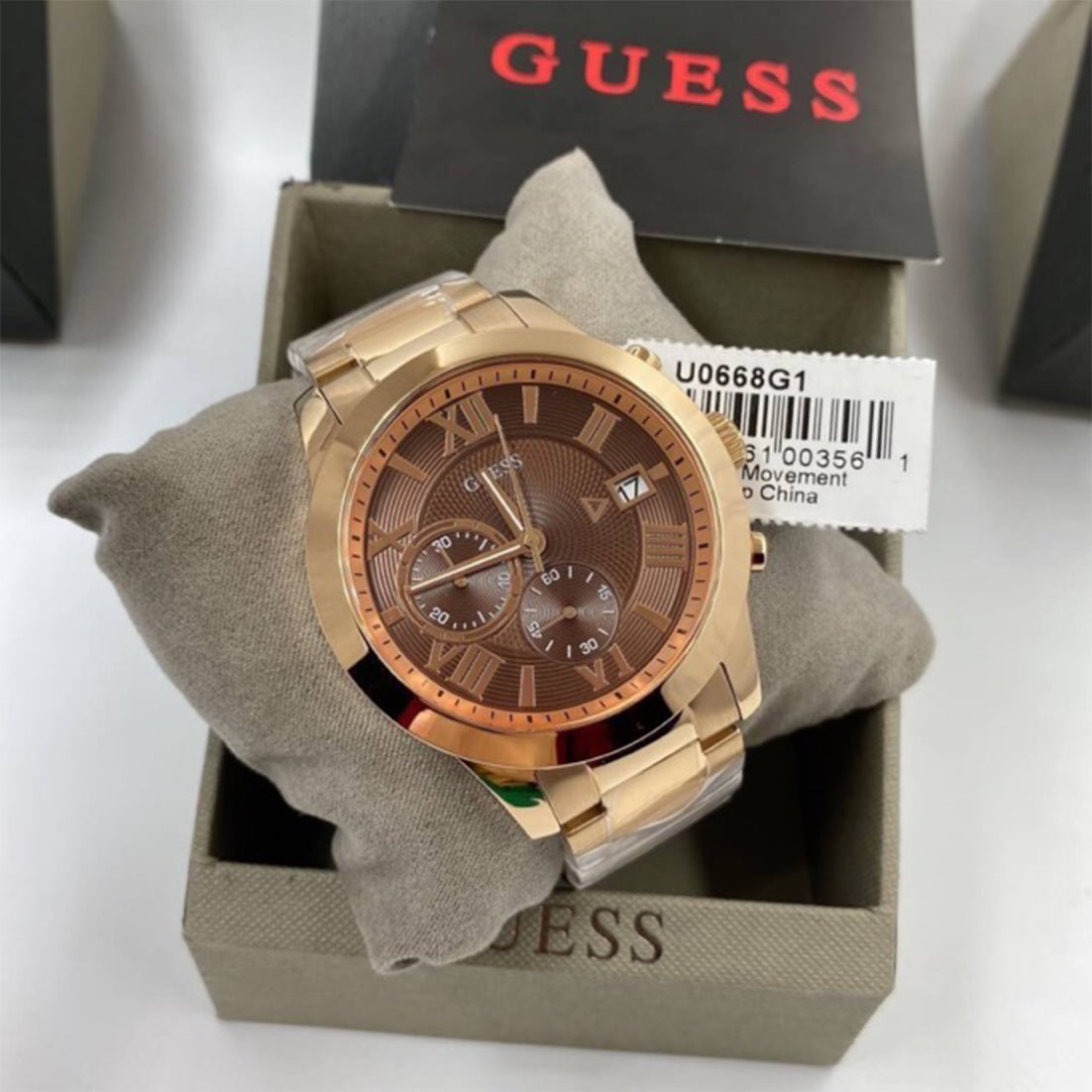 Guess Iconic Signature Brown Dial Rose Gold Steel Strap Watch For Men - W0668G1