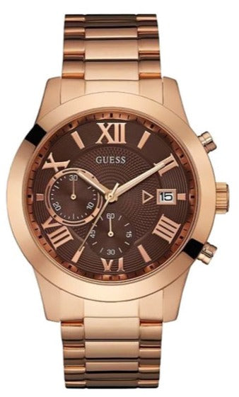 Guess Iconic Signature Brown Dial Rose Gold Steel Strap Watch For Men - W0668G1