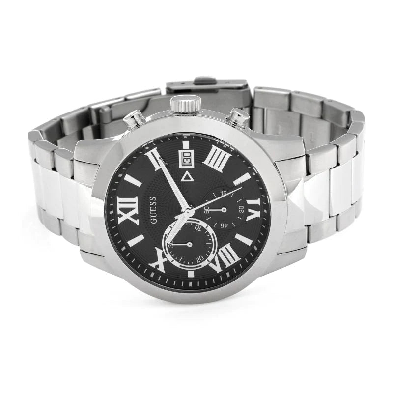 Guess Atlas Chronograph Black Dial Silver Steel Strap Watch For Men - W0668G3