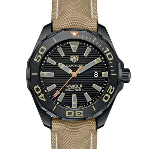 Tag Heuer Aquaracer 300 Calibre 5 Automatic Black Dial Brown Fabric Strap Watch for Men - WAY208C.FC6383