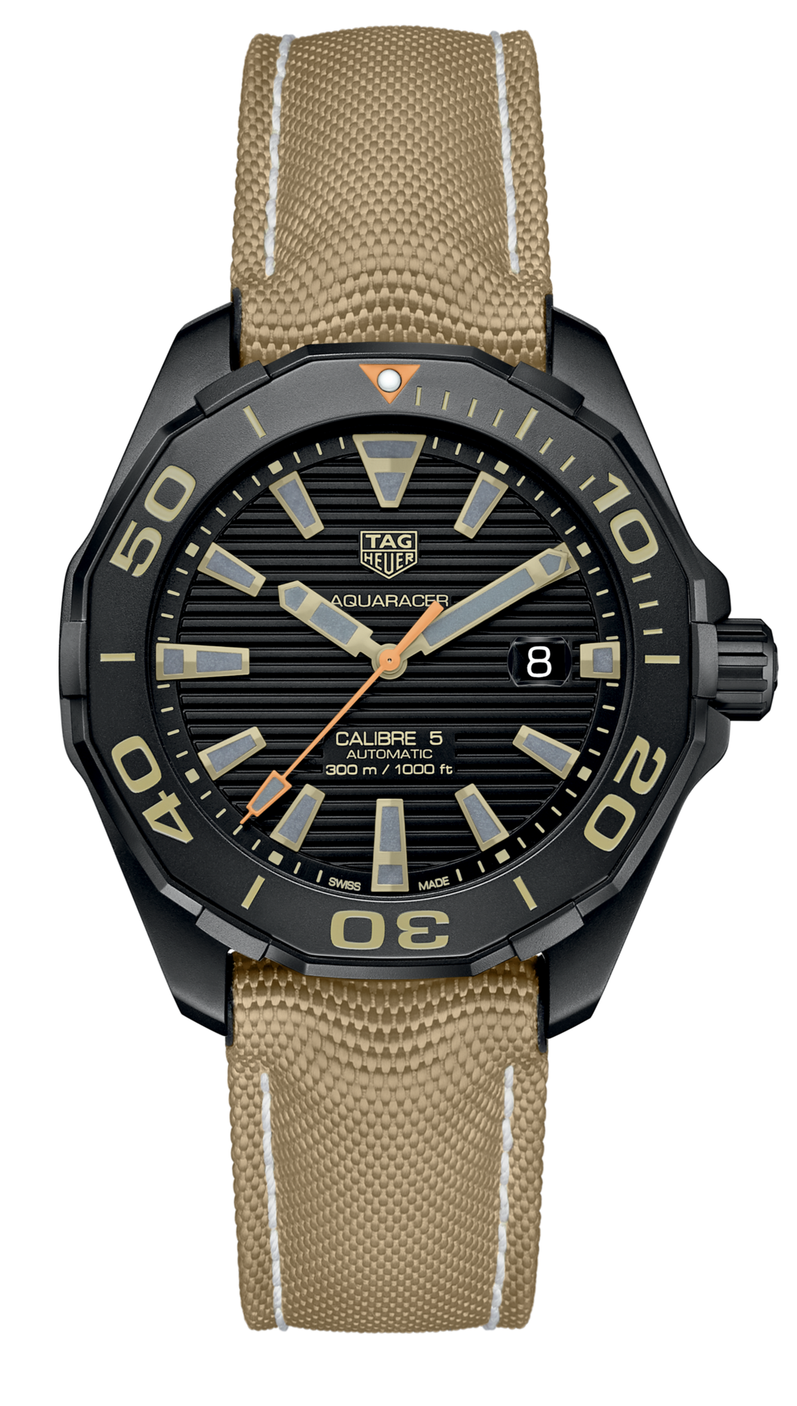 Tag Heuer Aquaracer 300 Calibre 5 Automatic Black Dial Brown Fabric Strap Watch for Men - WAY208C.FC6383