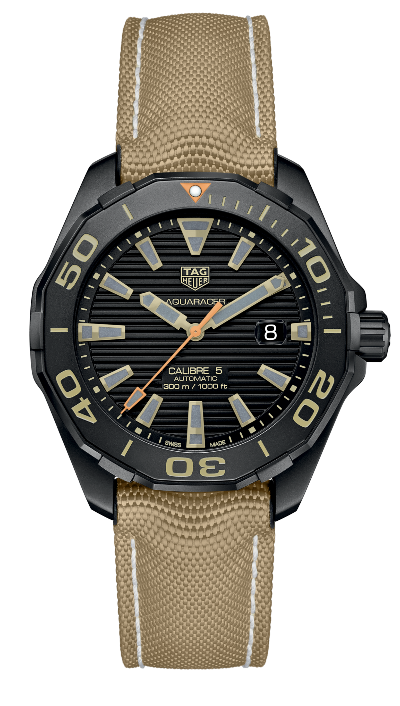 Tag Heuer Aquaracer 300 Calibre 5 Automatic Black Dial Brown Fabric Strap Watch for Men - WAY208C.FC6383