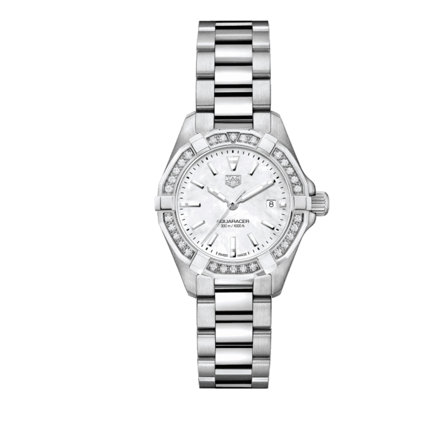 Tag Heuer Aquaracer Diamonds Mother of Pearl White Dial Silver Steel Strap Watch for Women - WBD1413.BA0741