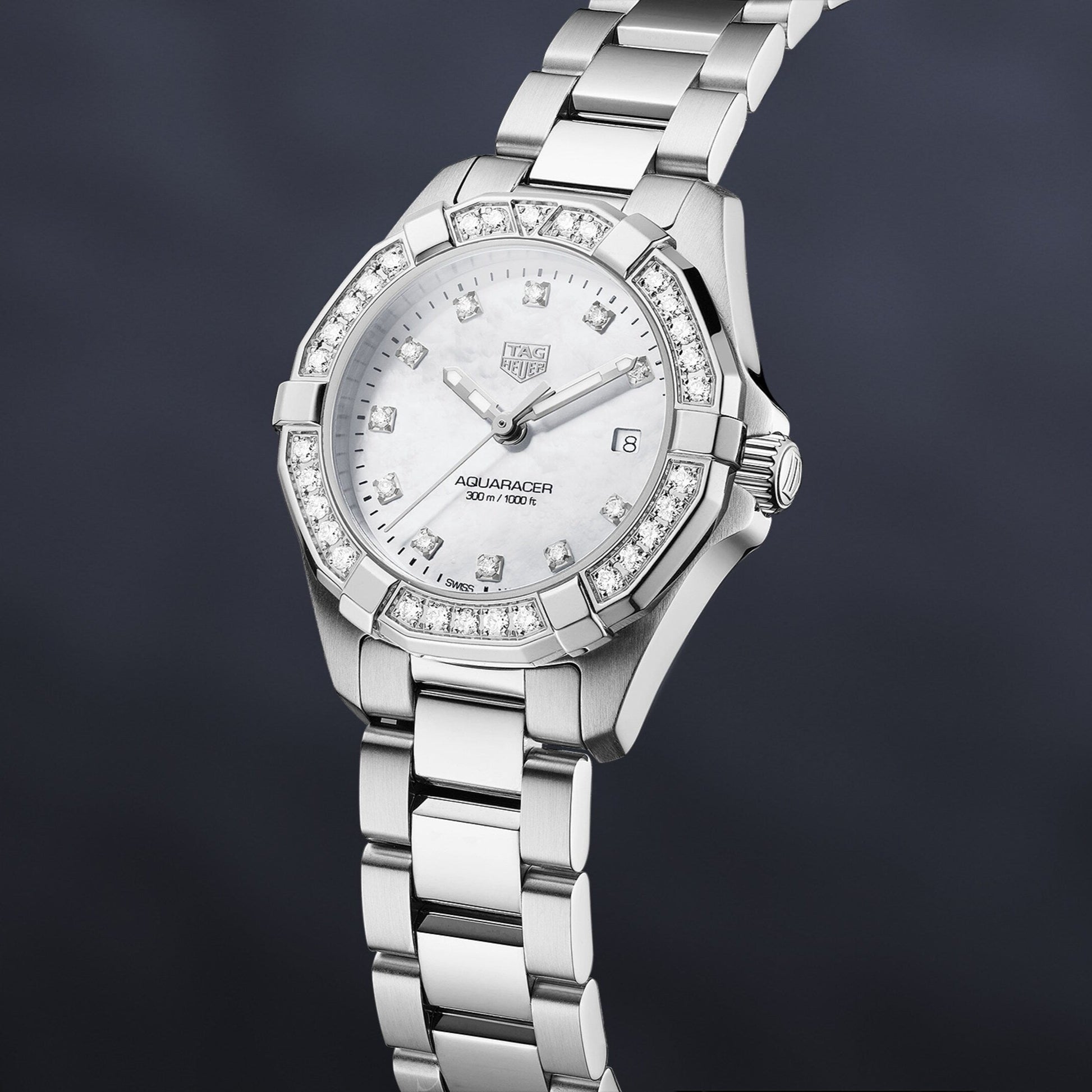 Tag Heuer Aquaracer Diamonds Mother of Pearl White Dial Silver Steel Strap Watch for Women - WBD1415.BA0741