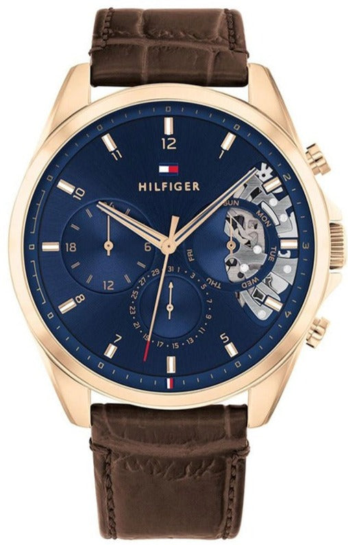 Tommy Hilfiger Baker Chronograph Blue Dial Brown Leather Strap Watch For Men - 1710453