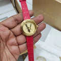 Versace Virtus Mini Quartz Gold Dial Red Leather Strap Watch For Women - VET300521