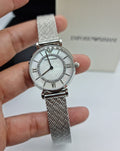 Emporio Armani Gianni T-Bar Quartz Mother of Pearl Dial Silver Mesh Bracelet Watch For Women - AR11319