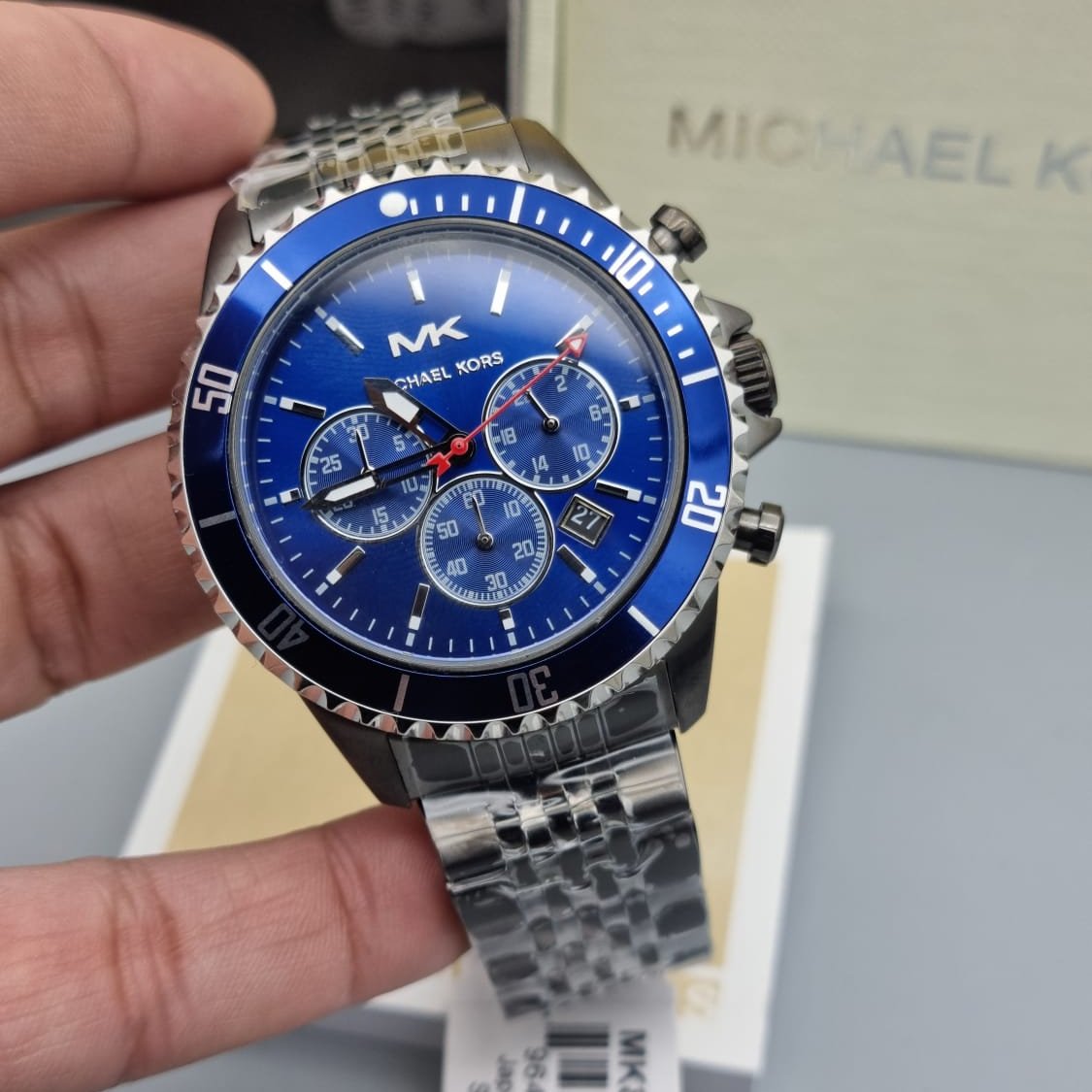 Michael Kors Bayville Chronograph Blue Dial Grey Steel Strap Watch For Men - MK8727