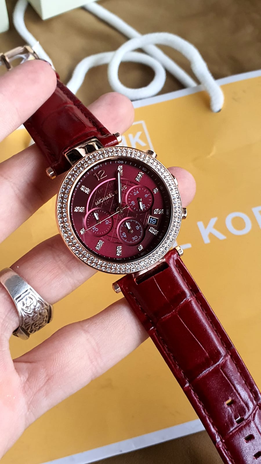 Michael Kors Parker Chronograph Red Dial Red Leather Strap Watch For Women - MK6986