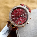 Michael Kors Parker Chronograph Red Dial Red Leather Strap Watch For Women - MK6986