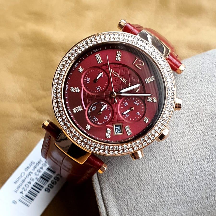 Michael Kors Parker Chronograph Red Dial Red Leather Strap Watch For Women - MK6986