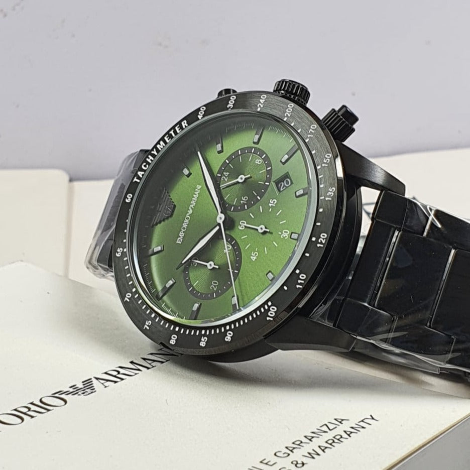 Emporio Armani Mario Chronograph Green Dial Black Steel Strap Watch For Men - AR11472