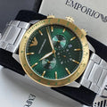 Emporio Armani Mario Chronograph Green Dial Silver Steel Strap Watch For Men - AR11454