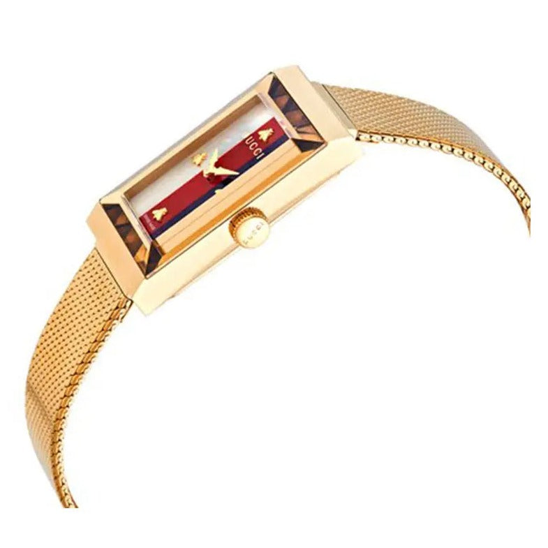 Gucci G Frame Quartz Diamonds White Red Blue Dial Gold Mesh Bracelet Watch For Women - YA147511