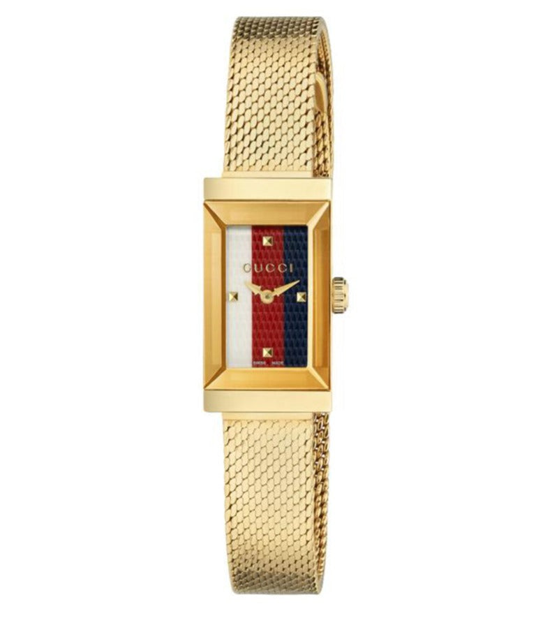 Gucci G Frame Quartz Diamonds White Red Blue Dial Gold Mesh Bracelet Watch For Women - YA147511