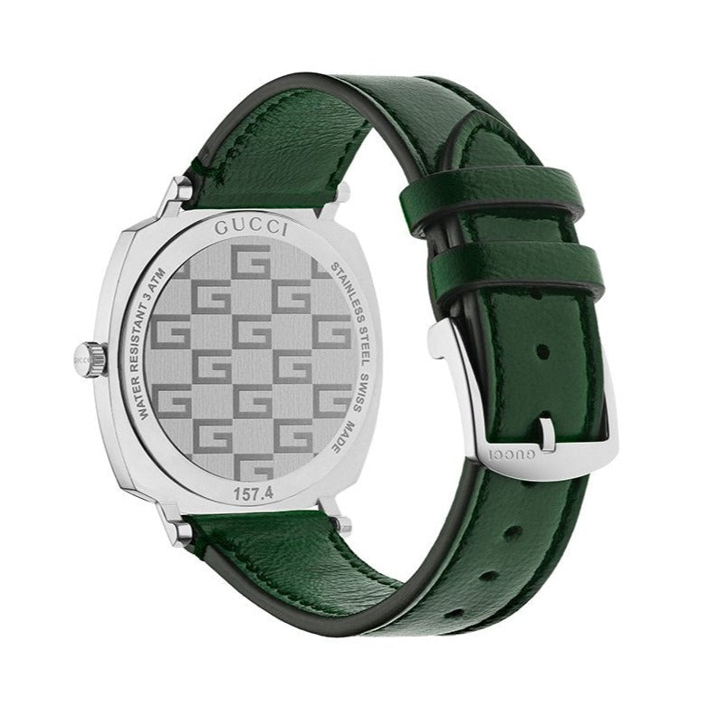 Gucci Grip Quartz Silver Dial Green Leather Strap Watch For Women - YA157414