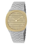 Gucci 25H Quartz Gold Dial Silver Steel Strap Watch for Men - YA163405