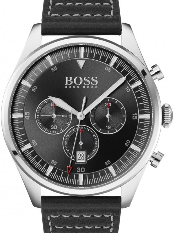 Hugo Boss Pioneer Chronograph Black Dial Black Leather Strap Watch For Men - 1513708