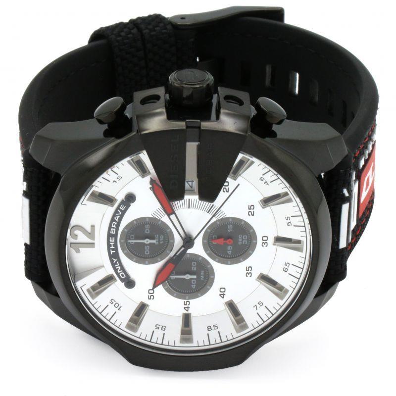 Diesel Mega Chief Chronograph Silver Dial Black Leather Strap Watch For Men - DZ4512