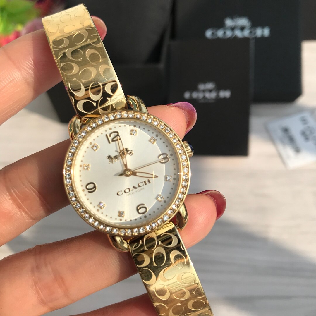 Coach Delancey Analog DIamonds Silver Dial Gold Steel Strap Watch for Women - 14502354