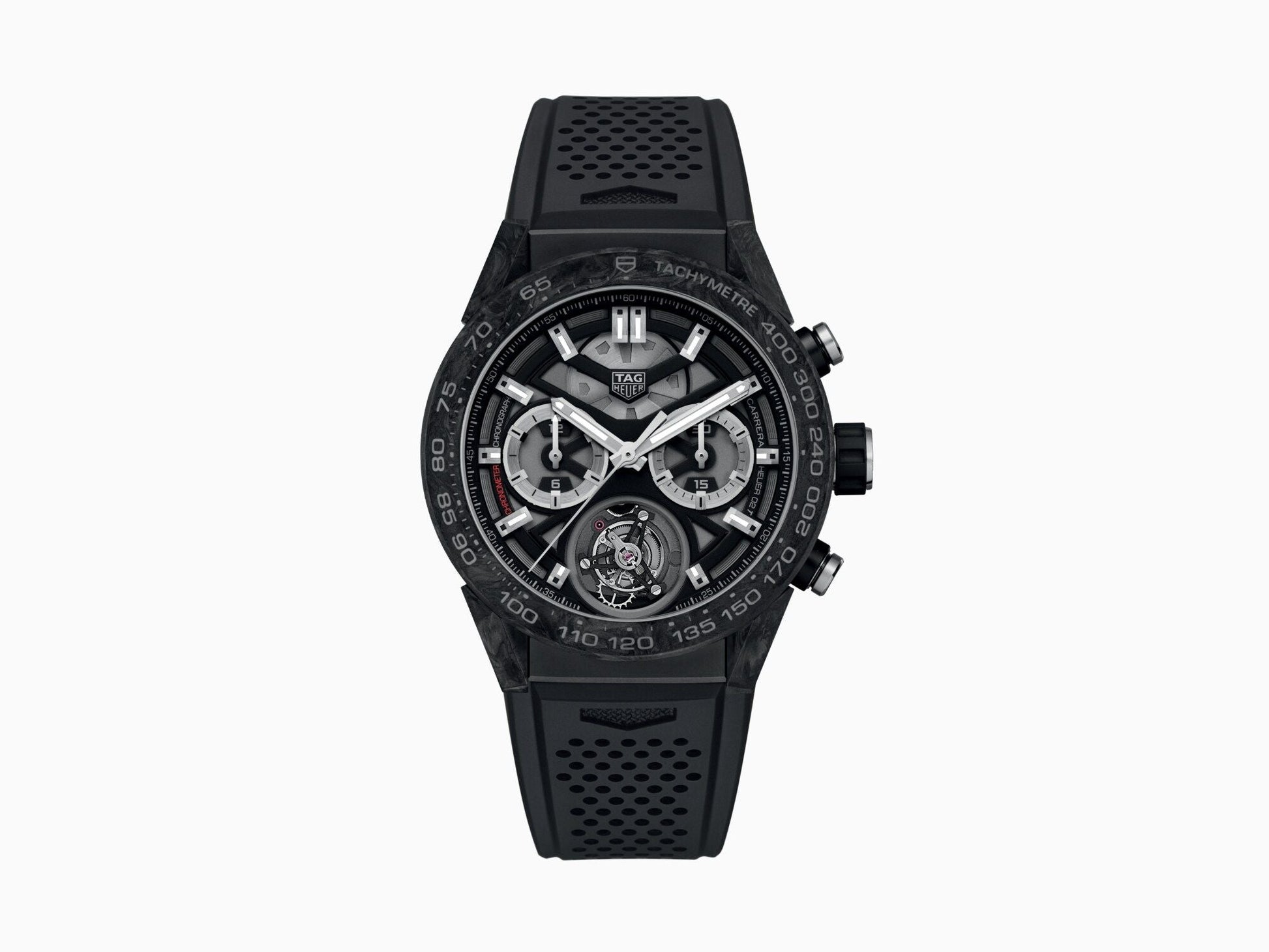 Tag Heuer Carrera Chronograph Tourbillion Titanium Carbon Black Dial Black Rubber Strap Watch for Men - CAR5A8W.FT6071