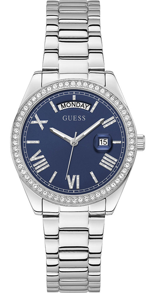 Guess Luna Diamonds Blue Dial Silver Steel Strap Watch for Women - GW0307L1