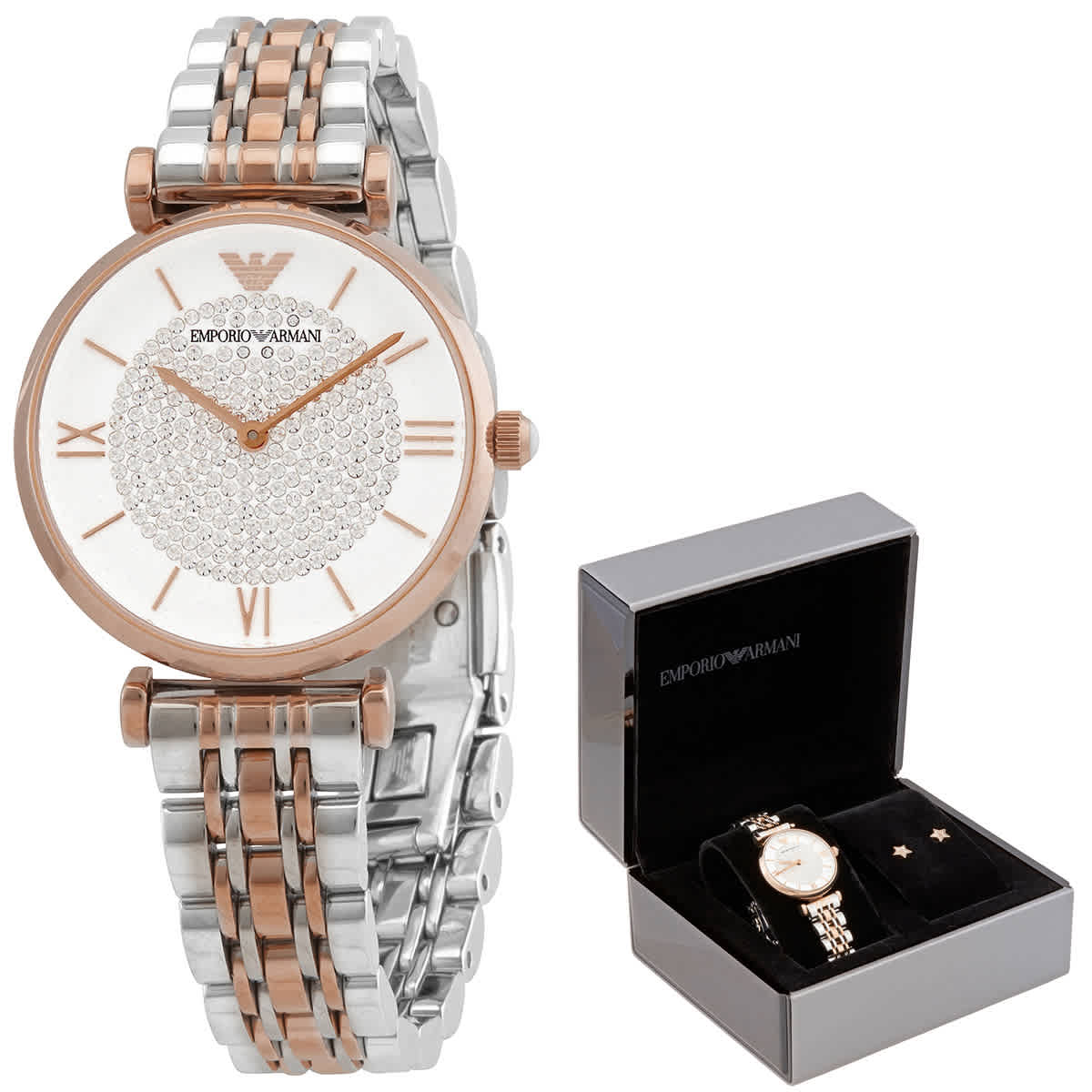 Emporio Armani Gianni T Bar Quartz White Dial Two Tone Steel Strap Watch For Women - AR80035