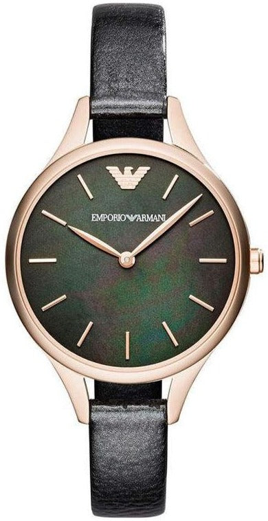 Emporio Armani Aurora Mother Of Pearl Black Dial Black Leather Strap Watch For Women - AR11056