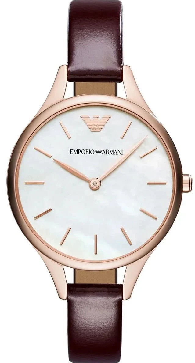 Emporio Armani Aurora Mother of Pearl White Dial Brown Leather Strap Watch For Women - AR11057