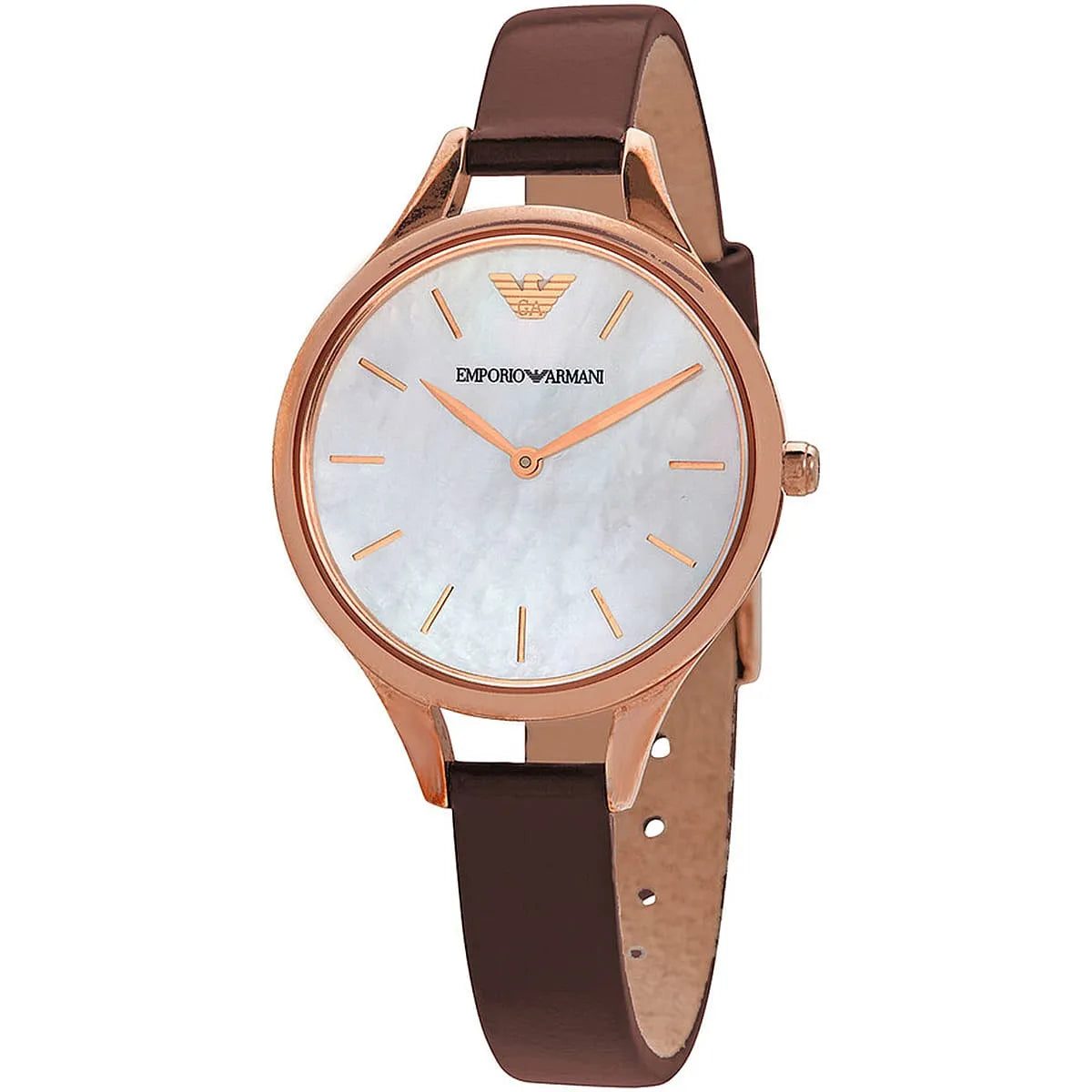 Emporio Armani Aurora Mother of Pearl White Dial Brown Leather Strap Watch For Women - AR11057