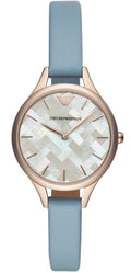 Emporio Armani Aurora Quartz Mother of Pearl White Dial Blue Leather Strap Watch For Women - AR11109