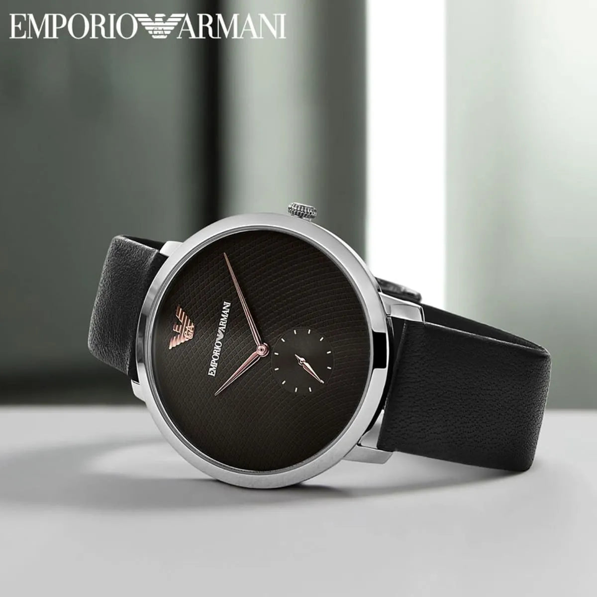 Emporio Armani Modern Slim Quartz Grey Dial Black Leather Strap Watch For Men - AR11162