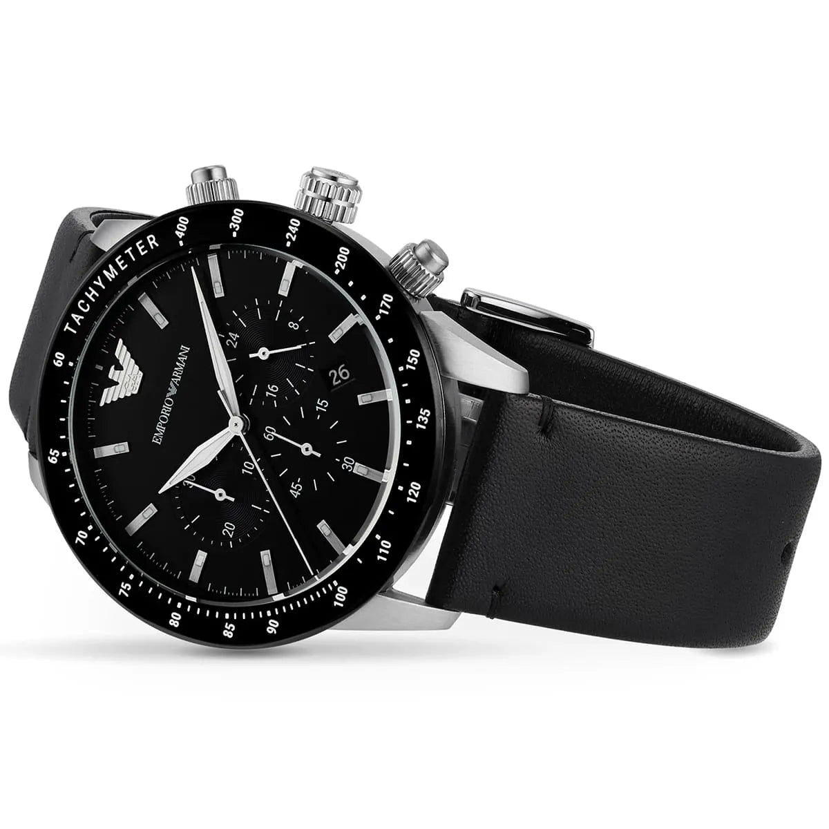 Emporio Armani Mario Chronograph Black Dial Black Leather Strap Watch For Men - AR11243