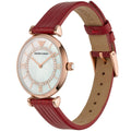 Emporio Armani Gianni T-Bar Analog Mother of Pearl Dial Red Leather Strap Watch For Women - AR11322