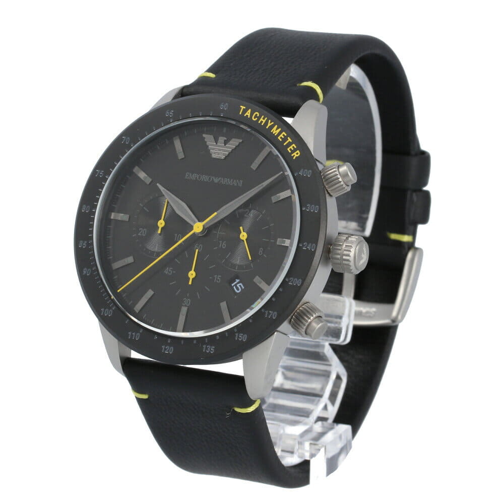 Emporio Armani Mario Chronograph Black Dial Black Leather Strap Watch For Men - AR11325