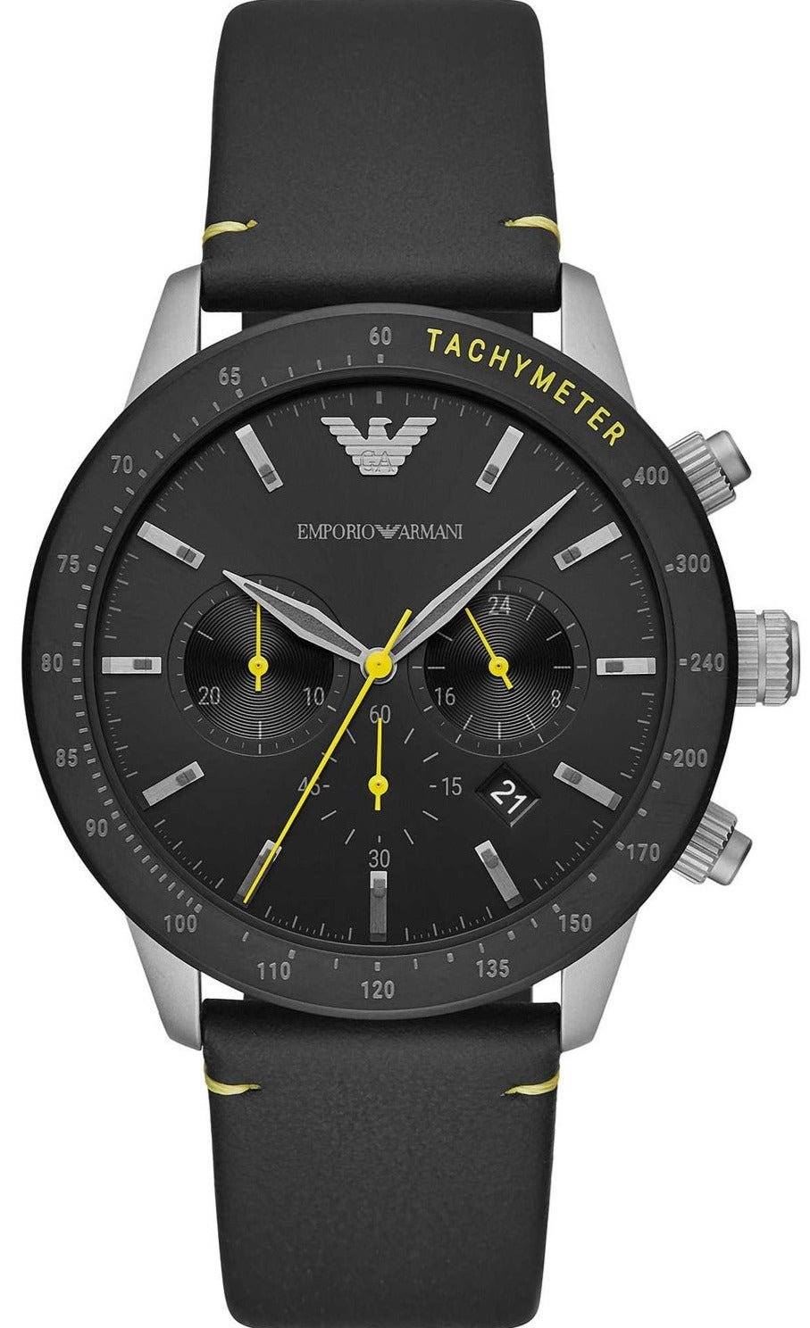 Emporio Armani Mario Chronograph Black Dial Black Leather Strap Watch For Men - AR11325