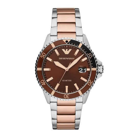 Emporio Armani Diver Quartz Brown Dial Two Tone Steel Strap Watch For Men - AR11340