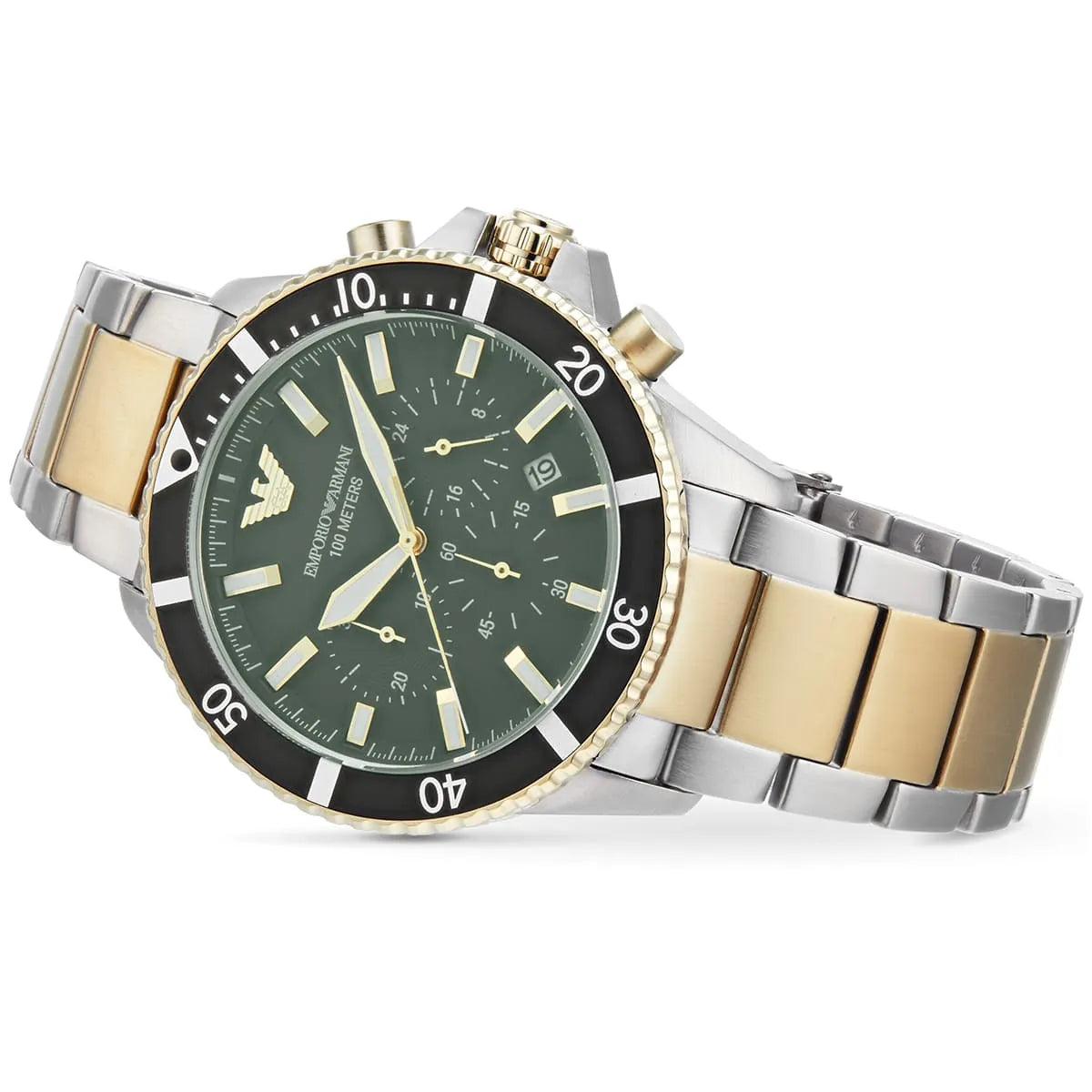 Emporio Armani Diver Chronograph Green Dial Two Tone Steel Strap Watch For Men - AR11361