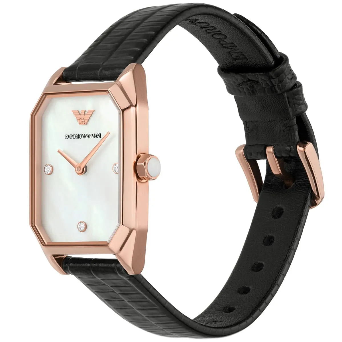 Emporio Armani Gioia Quartz Mother of Pearl Dial Black Leather Strap Watch For Women - AR11390