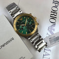 Emporio Armani Mario Chronograph Green Dial Silver Steel Strap Watch For Men - AR11454