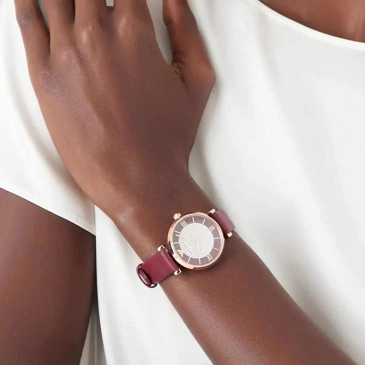 Emporio Armani Gianni T Bar Crystals Maroon Dial Maroon Leather Strap Watch for Women - AR11487