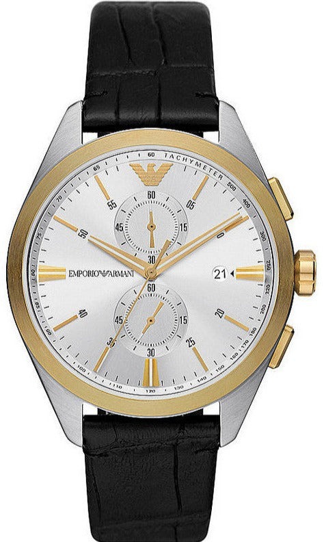 Emporio Armani Claudio Chronograph Silver Dial Black Leather Strap Watch For Men - AR11498